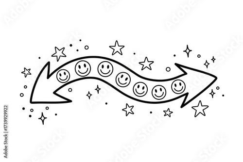 Hand-drawn wavy arrow with smiling emojis representing a happy process or feedback