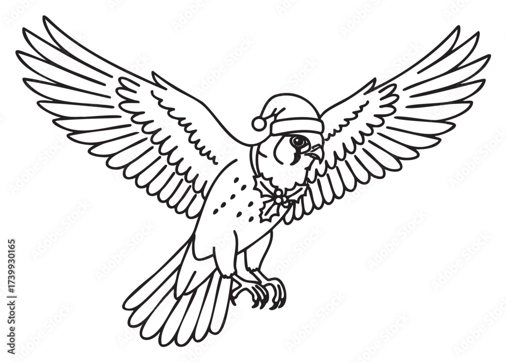 Naklejka premium Black outline drawing of a bird wearing a festive santa hat, with wings spread wide and detailed feathers visible.