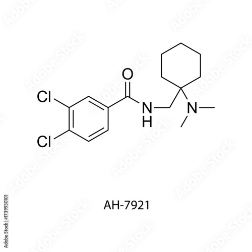 AH-7921 molecular structure, synthetic ?-opioid receptor agonist analgesic and recreational drug linked to overdose, clean scientific vector diagram, flat skeletal chemical formula isolated 