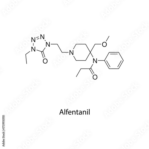 Alfentanil molecular structure, short-acting potent synthetic opioid analgesic drug used in anesthesia, clean scientific vector diagram, flat skeletal chemical formula isolated 