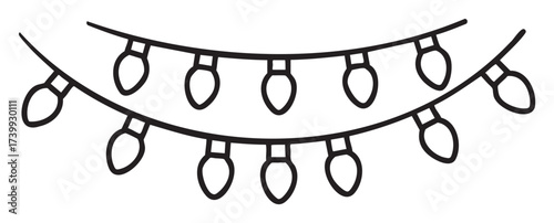Black outline of two strings of decorative hanging light bulbs arranged in a curved pattern.