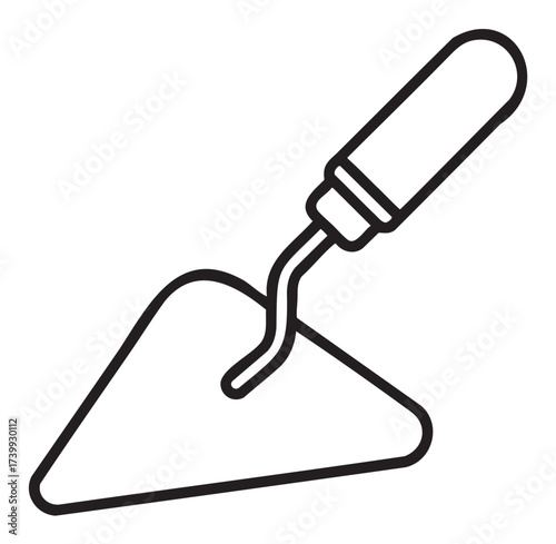 Black outline icon of a garden trowel with a triangular blade and a straight handle. minimalist design for gardening and construction tool concepts.