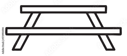 Black outline of a simple rectangular picnic table with two attached benches. minimal linear design for outdoor and leisure concepts.