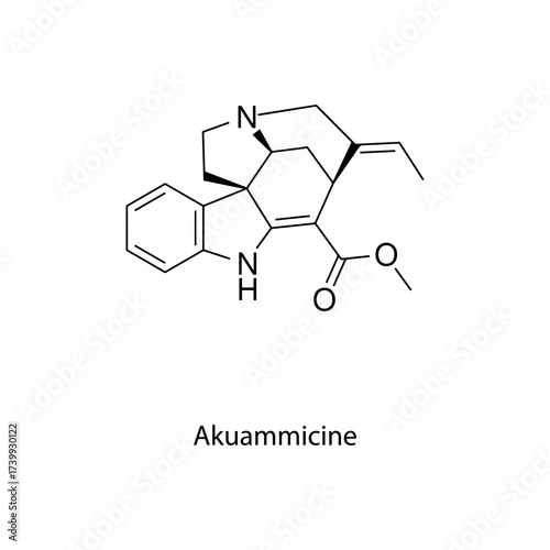 Akuammicine molecular structure, natural indole alkaloid with analgesic opioid-receptor activity, clean scientific vector diagram, flat skeletal chemical formula isolated 