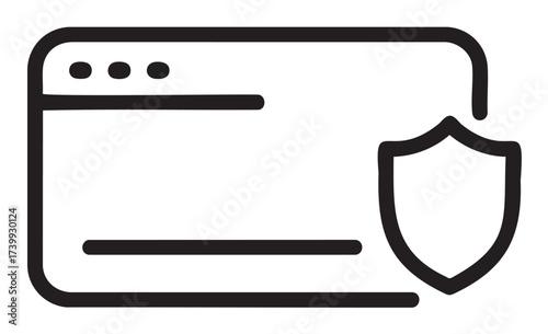 Black outline icon of a web browser window with an overlapping shield, symbolizing internet security and data protection.