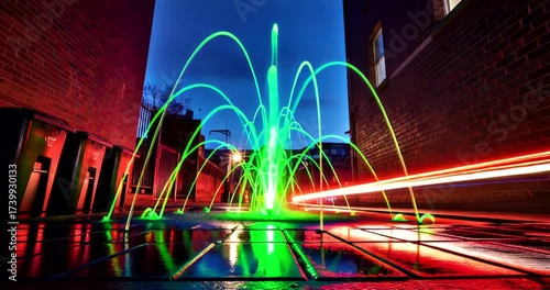 Vibrant green fountain illuminated at night with reflections and city lights