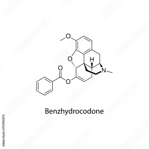 Benzhydrocodone molecular structure, prodrug of hydrocodone opioid analgesic used for pain relief, clean scientific vector diagram, flat skeletal chemical formula isolated 