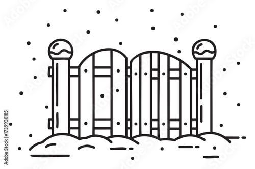 Black outline drawing of a snow-covered wooden fence with round-topped posts, surrounded by falling snowflakes, symbolizing wintertime scenery.