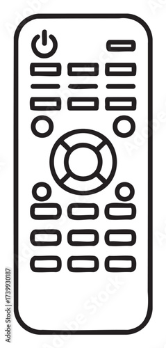Black and line drawing of a simple remote control with various buttons, including a circular navigation pad and a power button at the top.