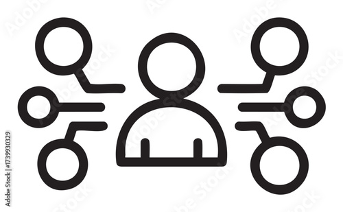 Black outline icon of an interconnected network, featuring a central human figure surrounded by five connecting lines and circles.