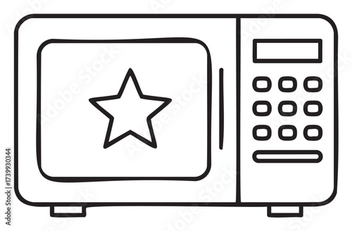 Black outline drawing of a simple microwave oven with a star on its door, featuring a keypad and digital display.