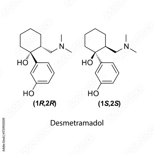Desmetramadol molecular structure, active metabolite of tramadol opioid analgesic for pain relief, clean scientific vector diagram, flat skeletal chemical formula isolated 