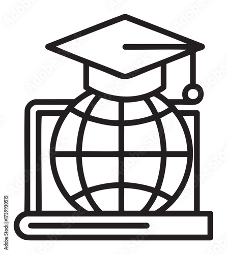 Black outline vector icon of a globe with a graduation cap on top, symbolizing online education or e-learning.
