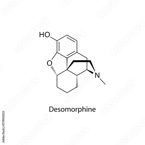 Desomorphine molecular structure, potent semi-synthetic opioid analgesic drug known as krokodil, clean scientific vector diagram, flat skeletal chemical formula isolated 