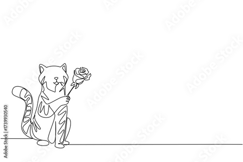 Continuous one line drawing the cat is holding a rose with one of its paws. Pets bring flowers as a sign of love for their loved ones. Cute. Rose Festival. Single line draw design vector illustration