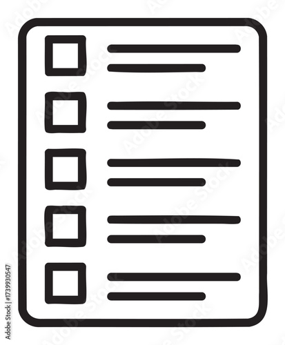 Black outline drawing of a checklist with square boxes on a , representing tasks or items in a list format.