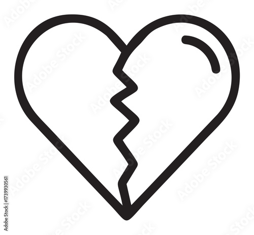 Black outline of a broken heart icon with a jagged line down the middle representing heartbreak or emotional distress.