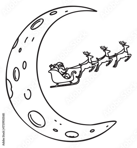 Black outline drawing of santa claus in a sleigh pulled by reindeer flying past a large crescent moon.