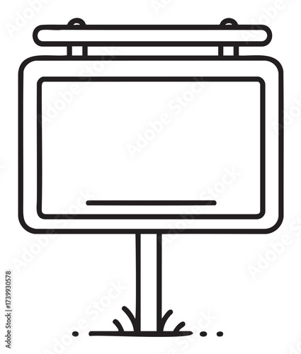 Black outline icon of a rectangular standing billboard with a horizontal support bar, depicted in a minimal linear style.