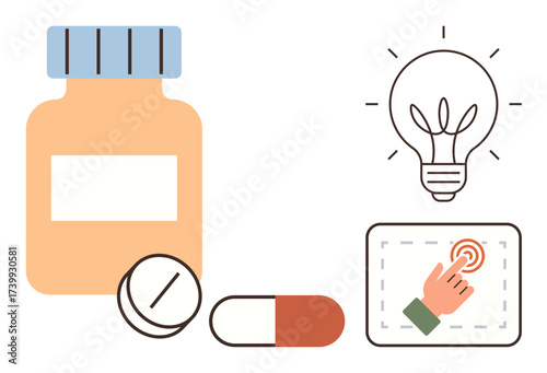 Pill bottle, capsule, tablet alongside glowing lightbulb and touchscreen. Ideal for healthcare, innovation, telemedicine, technology, science pharmacy medical concept. Simple flat metaphor