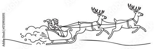 Black outline vector icon depicting two reindeer pulling a sleigh with santa claus and an elf wearing hats.