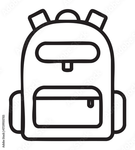 Black outline vector icon of a simple backpack with multiple compartments and adjustable straps for travel and school use.