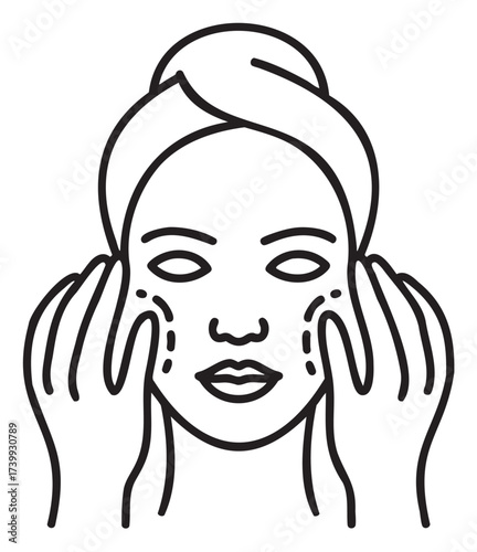 Black outline icon of a woman applying a facial mask with her hands, featuring smooth skin and neat hair wrapped in a towel.