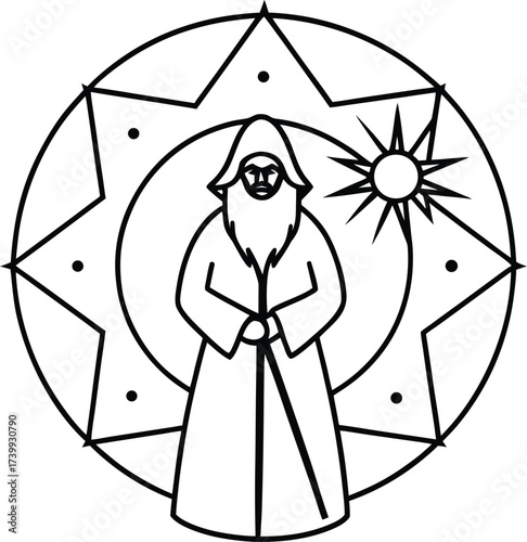 wizard holding staff with cosmic mandala aura vector illustration on transparent background