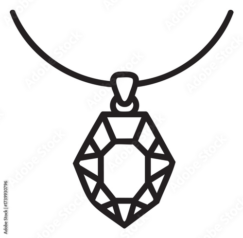 Black outline vector icon of a geometric gemstone pendant on a simple necklace chain.