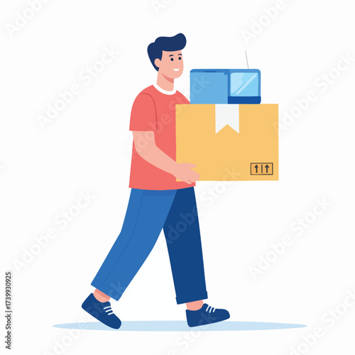 Man carrying a cardboard box and a television set while walking, depicted in a flat vector illustration.