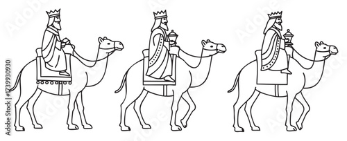 Three wise men wearing crowns and robes ride camels, each holding a gift, depicted in a black outline illustration.