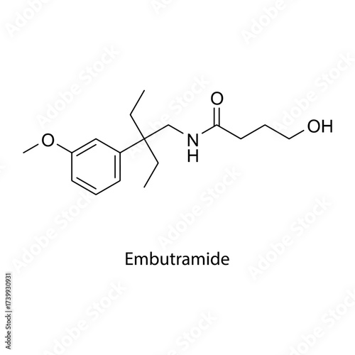 Embutramide molecular structure, potent sedative-hypnotic and respiratory depressant formerly used in euthanasia formulations, clean scientific vector diagram, flat skeletal chemical formula isolated 