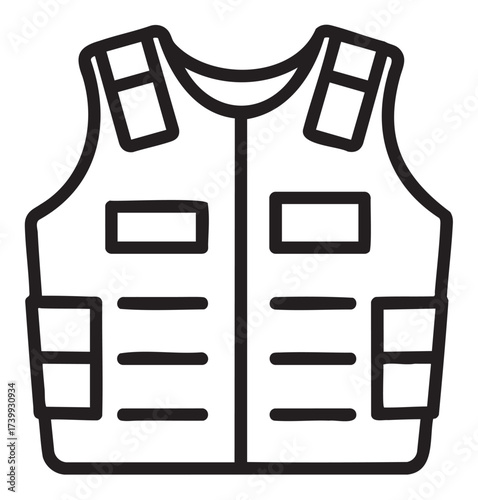 Black outline icon of a tactical vest with multiple pockets and adjustable shoulder straps, designed for security and military use.