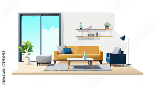 Illustration of a modern living room interior with a yellow sofa and a large window showing sky
