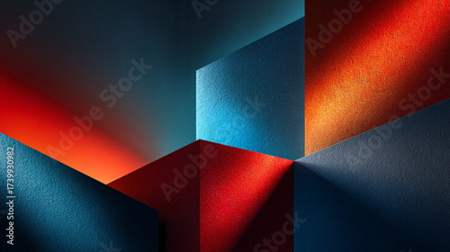 Abstract geometric shapes with vibrant colors and dramatic lighting.