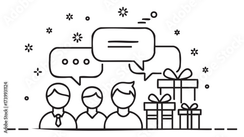 Black outline of three people with speech bubbles and stacks of gift boxes, surrounded by festive decorations.