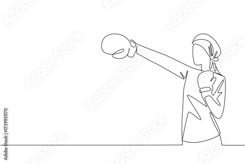 Single continuous line drawing a female cancer survivor puts on boxing gloves and punches. Symbolism of strong women. Fighting pain. National Cancer Survivors Day. One line design vector illustration