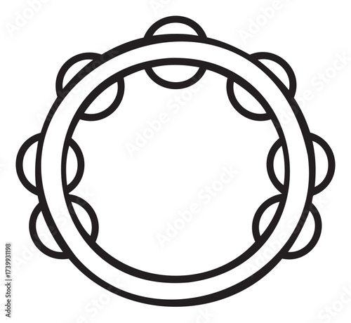 Simple black outline icon of a circular tambourine with jingles, representing a traditional percussion instrument.