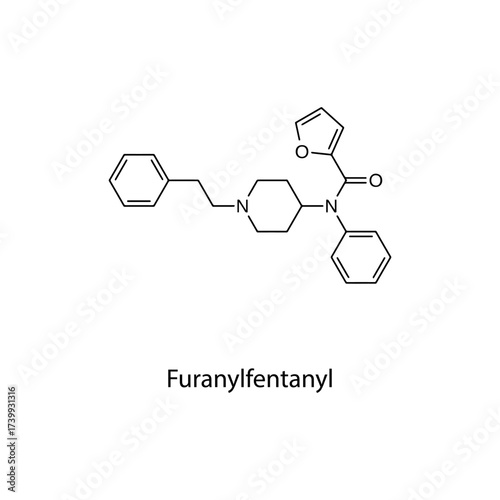 Furanylfentanyl molecular structure, potent synthetic opioid analgesic illicitly used recreationally and linked to overdoses, clean scientific vector diagram, flat skeletal chemical formula isolated 
