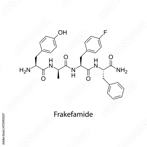 Frakefamide molecular structure, synthetic peripherally acting opioid peptide analgesic with limited CNS penetration, clean scientific vector diagram, flat skeletal chemical formula isolated 