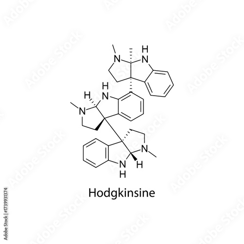 Hodgkinsine molecular structure, natural indole alkaloid with reported analgesic and psychoactive properties, clean scientific vector diagram, flat skeletal chemical formula isolated 