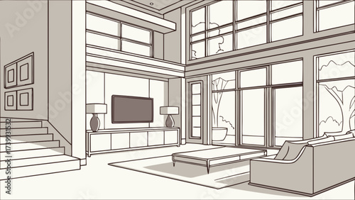Illustration of a modern living room interior with large windows and a staircase leading upstairs