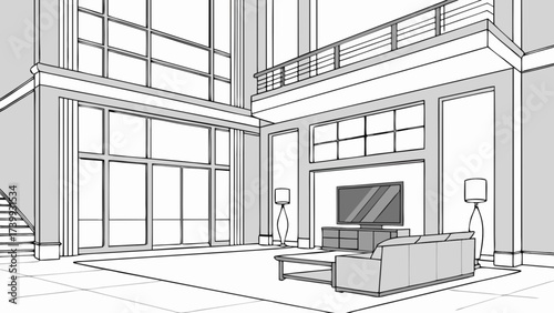 Illustration of a modern living room interior with large windows and a second floor balcony view in grayscale
