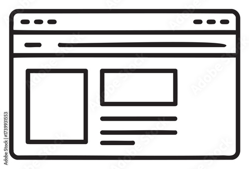 Black outline icon of a simple web browser window displaying a sidebar and content area with horizontal lines indicating text.