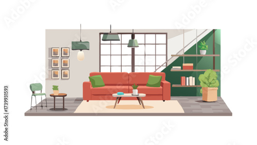 Illustration of a cozy living room with a sofa, plants, and large window in a modern style