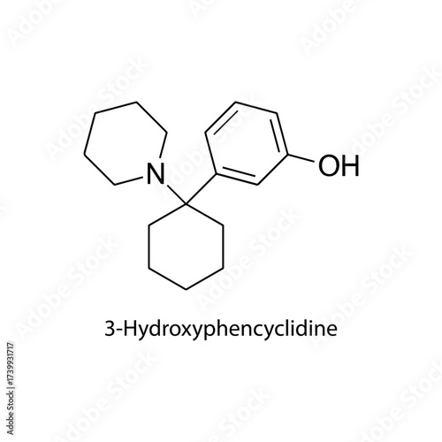 3-Hydroxyphencyclidine molecular structure, potent dissociative hallucinogenic NMDA receptor antagonist compound, clean scientific vector diagram, flat skeletal chemical formula isolated 