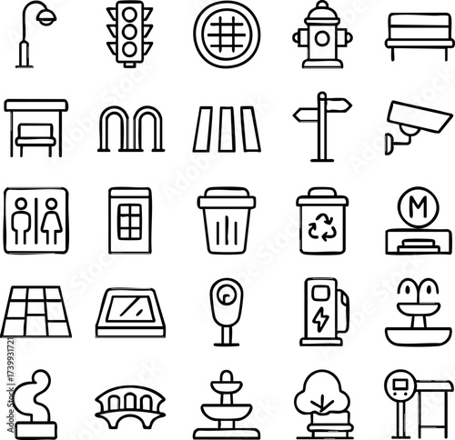 Essential Urban Infrastructure and Public Service Line Icons Collection.