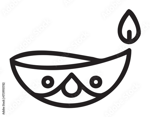 Black outline of a simple traditional oil lamp with a flame, symbolizing light and wisdom often used in cultural and religious ceremonies.