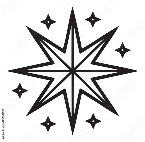 Black outline icon of a simple compass rose with eight cardinal points, representing navigation and exploration concepts.