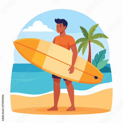 A young man stands on a sandy beach, holding a surfboard, with ocean and palm tree.